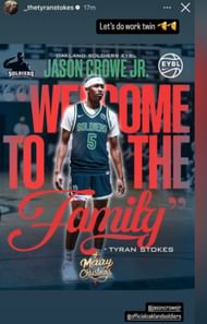 Tyran Stokes welcomes Jason Crowe Jr. with a four-word reaction (Image: IG/_thetyranstokes)